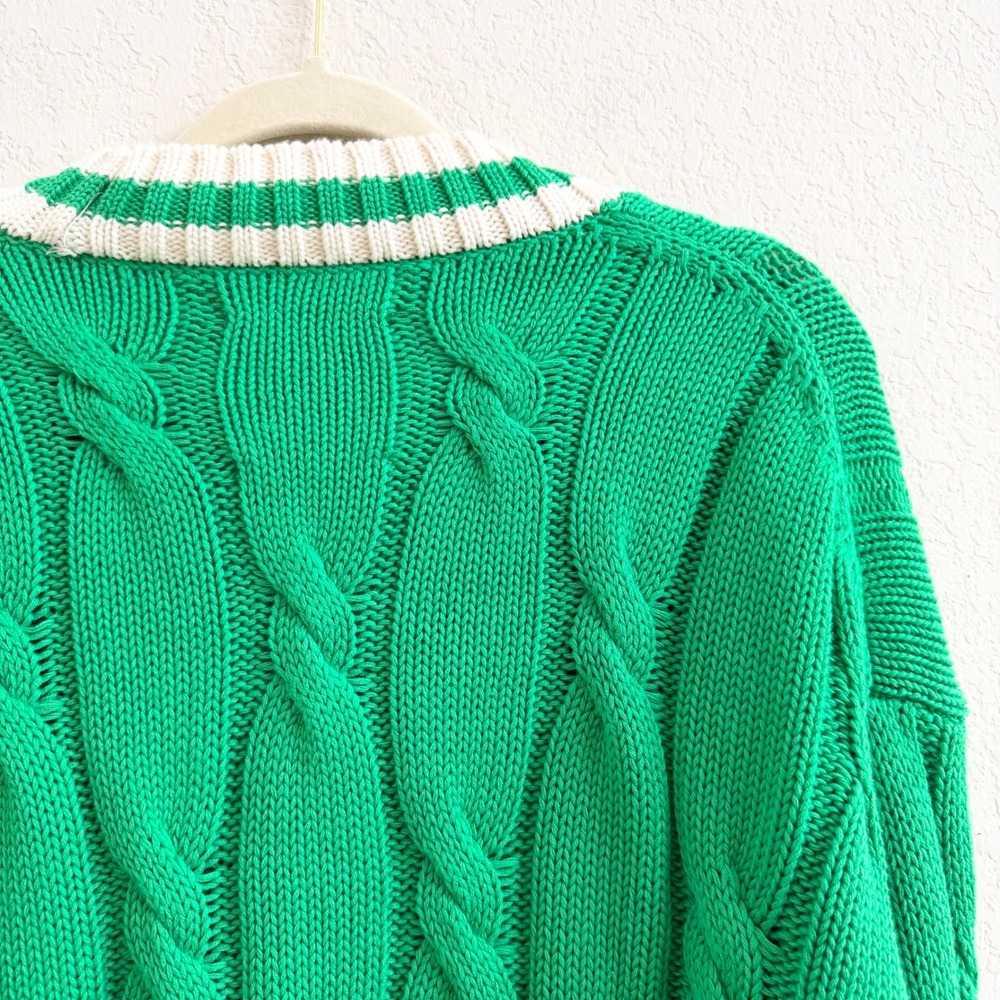 Aerie Kelly Green Cable Knit Varsity V-Neck Sweater Sz S Cotton Tennis Prep - Picture 10 of 11
